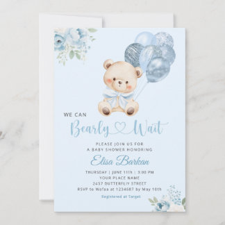 We Can Bearly Wait Blue Balloon Boy Baby Shower  Kaart
