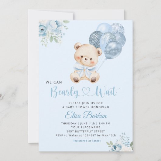 We Can Bearly Wait Blue Balloon Boy Baby Shower Kaart (Voorkant)
