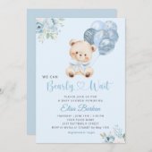 We Can Bearly Wait Blue Balloon Boy Baby Shower Kaart (Voorkant / Achterkant)