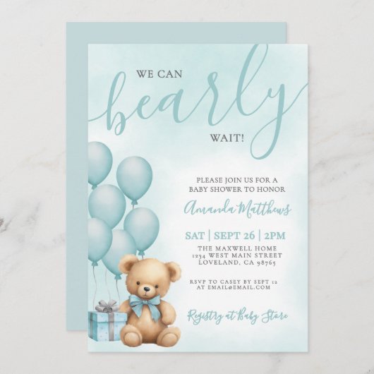 We Can Bearly Wait Blue Bear Baby Shower Kaart (Voorkant / Achterkant)
