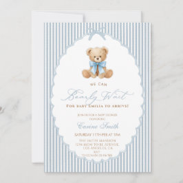 We Can Bearly Wait blue bow Boy Baby Shower Kaart