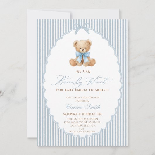 We Can Bearly Wait blue bow Boy Baby Shower Kaart (Voorkant)