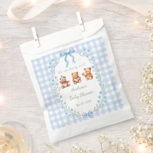 We Can Bearly Wait Blue Gingham Baby Shower Bedankzakje (Geknipt)