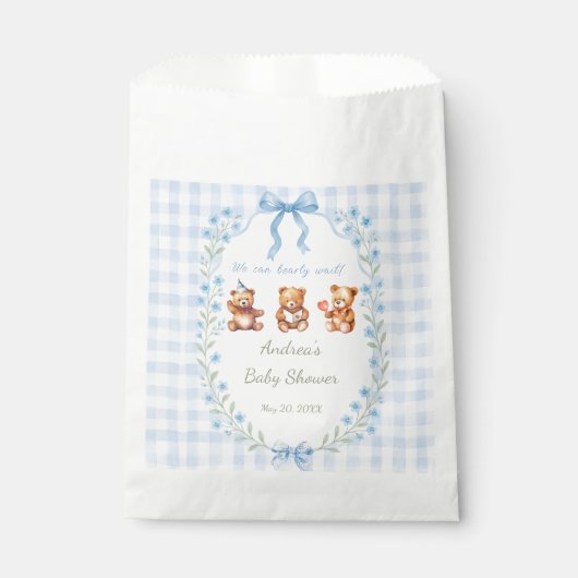 We Can Bearly Wait Blue Gingham Baby Shower  Bedankzakje (Voorkant)