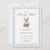 We Can Bearly Wait Blue Gingham baby shower Kaart (Voorkant)