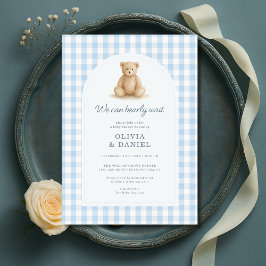 We Can Bearly Wait Blue Gingham Baby Shower Kaart