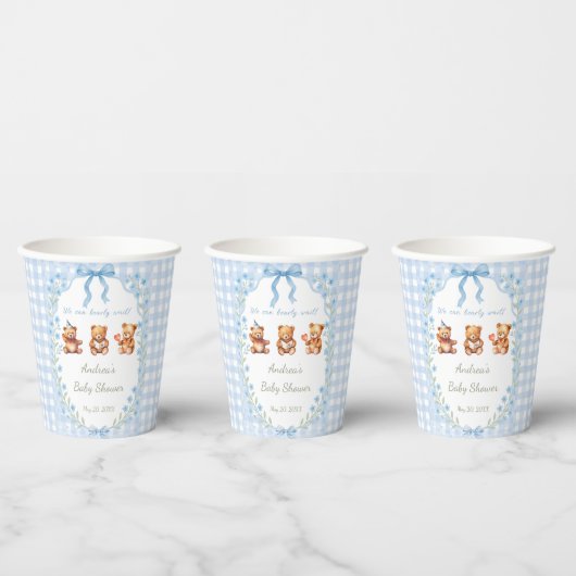 We Can Bearly Wait Blue Gingham Baby Shower Papieren Bekers (Multi)