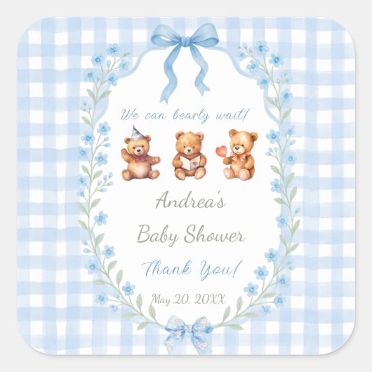 We Can Bearly Wait Blue Gingham Baby Shower  Vierkante Sticker (Voorkant)