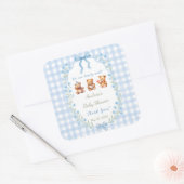 We Can Bearly Wait Blue Gingham Baby Shower Vierkante Sticker (Envelop)