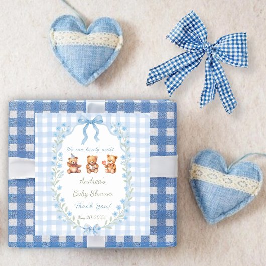 We Can Bearly Wait Blue Gingham Baby Shower Vierkante Sticker