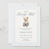 We Can Bearly Wait Blue stripe pattern shower Kaart (Voorkant)