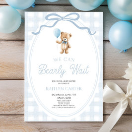 We Can Bearly Wait Blue Teddy Bear Baby Shower Kaart