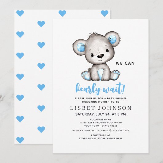 We Can Bearly Wait Blue Teddy Bear Baby Shower Kaart (Voorkant / Achterkant)