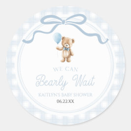 We Can Bearly Wait Blue Teddy Bear Baby Shower Ronde Sticker