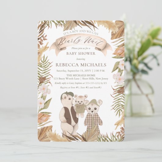 We Can Bearly Wait Boho Bear Family Baby Shower Kaart (Staand voorkant)