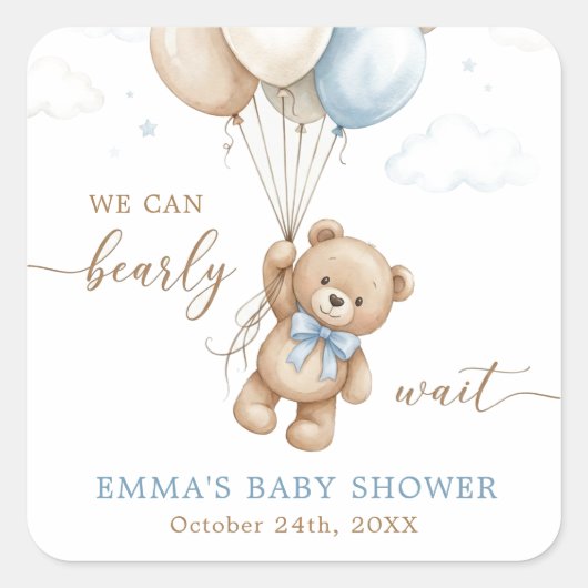 We Can Bearly Wait Boy Baby Shower Custom Vierkante Sticker (Voorkant)