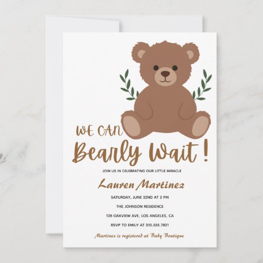 We Can Bearly Wait Boy Baby Shower Invitation Kaart (Voorkant)