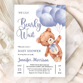 We Can Bearly Wait Boy Blue Teddy Bear Baby Shower Kaart