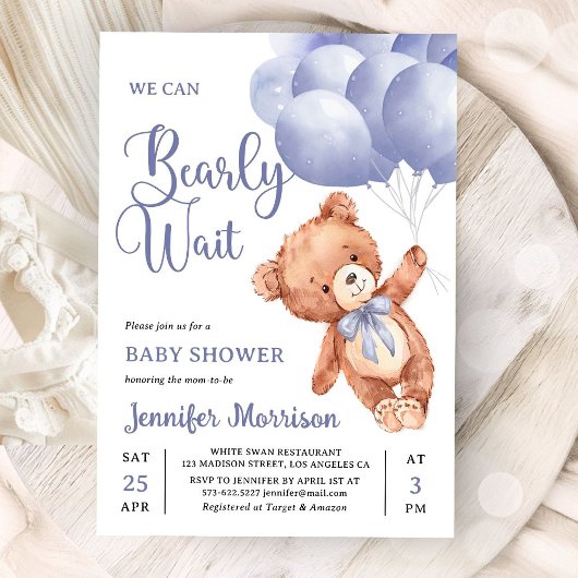 We Can Bearly Wait Boy Blue Teddy Bear Baby Shower Kaart