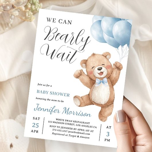 We Can Bearly Wait Boy Teddy Bear Baby Shower Kaart