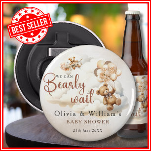 We Can Bearly Wait Cub Brown Baby Shower Button Flesopener