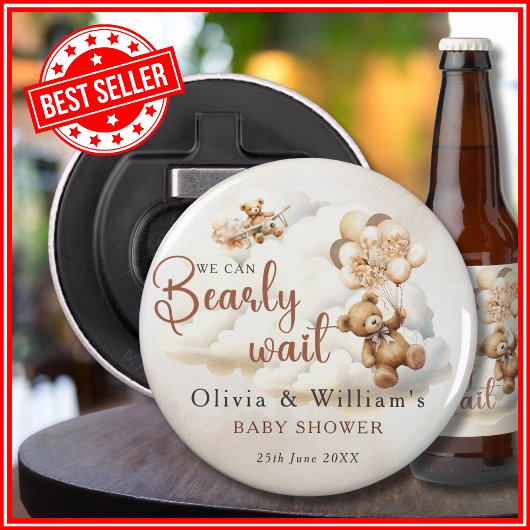 We Can Bearly Wait Cub Brown Baby Shower Button Flesopener