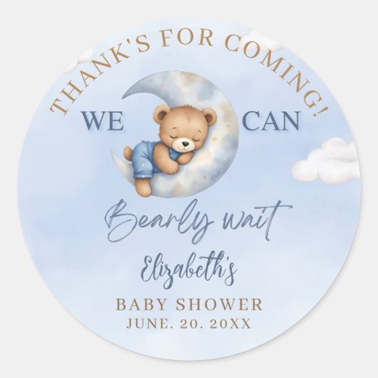 We can Bearly wait - Cute Bear Baby shower boy Ronde Sticker (Voorkant)