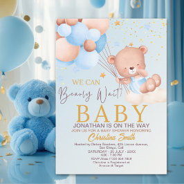 We Can Bearly Wait Cute Bear Boy Baby Shower Kaart