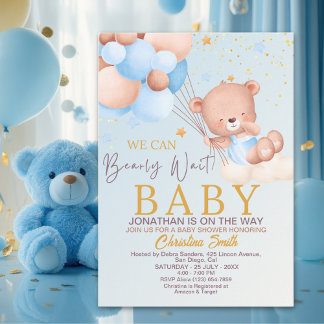We Can Bearly Wait Cute Bear Boy Baby Shower Kaart