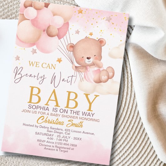 We Can Bearly Wait Cute Bear Girl Baby Shower Kaart