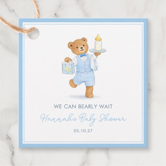 We Can Bearly Wait Cute Blue Boy Teddy Baby Shower Bedankjes Labels (Voorkant)