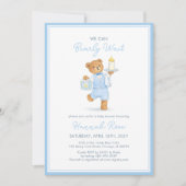 We Can Bearly Wait Cute Blue Boy Teddy Baby Shower Kaart (Voorkant)