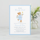 We Can Bearly Wait Cute Blue Boy Teddy Baby Shower Kaart (Staand voorkant)