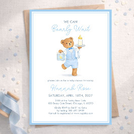 We Can Bearly Wait Cute Blue Boy Teddy Baby Shower Kaart