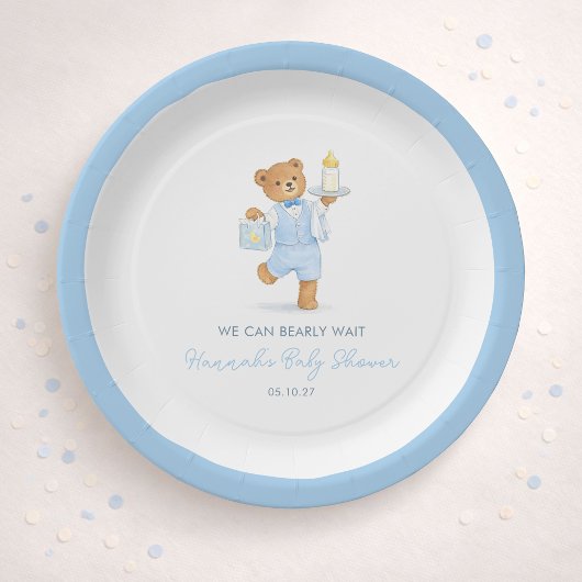 We Can Bearly Wait Cute Blue Boy Teddy Baby Shower Papieren Bordje
