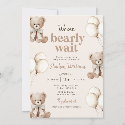 We Can Bearly Wait Elegante Teddybeer Babyshower Kaart (Voorkant)