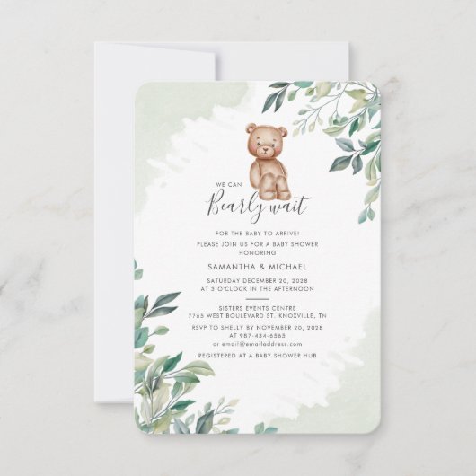 We Can Bearly Wait Eucalyptus Moderne Baby Shower Kaart (Voorkant)