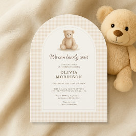 We Can Bearly Wait Gingham Baby Shower Kaart