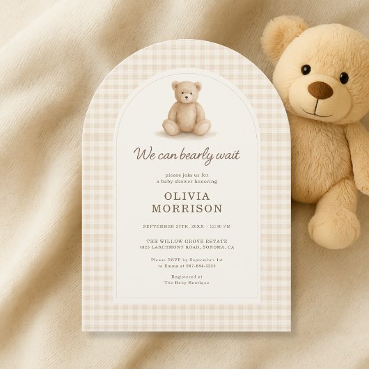 We Can Bearly Wait Gingham Baby Shower Kaart