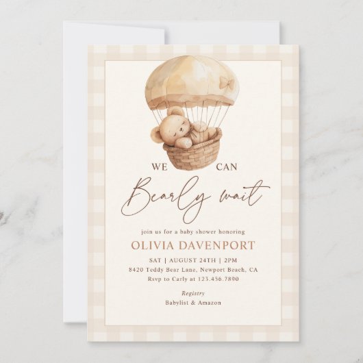 We Can Bearly Wait Gingham Teddy Bear Baby Shower Kaart (Voorkant)