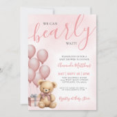 We Can Bearly Wait Girl Pink Bear Baby Shower Kaart (Voorkant)