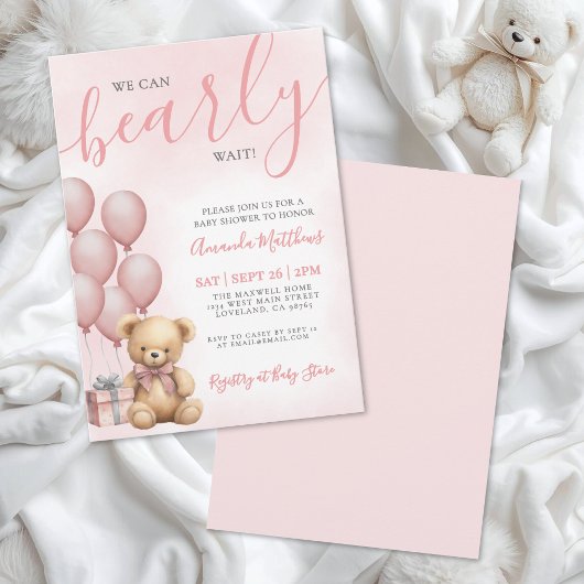 We Can Bearly Wait Girl Pink Bear Baby Shower Kaart