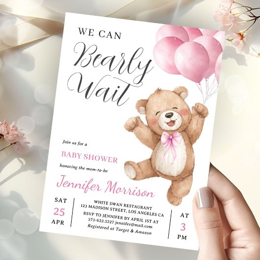 We Can Bearly Wait Girl Teddy Bear Baby Shower Kaart
