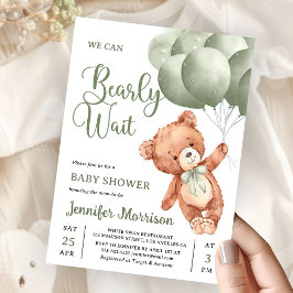 We Can Bearly Wait Green Teddy Bear Baby Shower Kaart