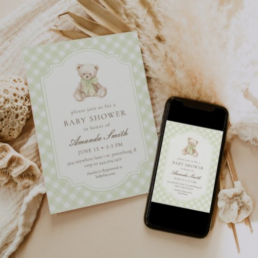 We Can Bearly Wait Groene Gingham Teddybeer Baby Kaart