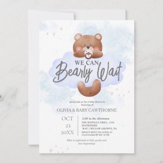 We Can Bearly Wait Jongens Baby Shower Uitnodiging (Voorkant)