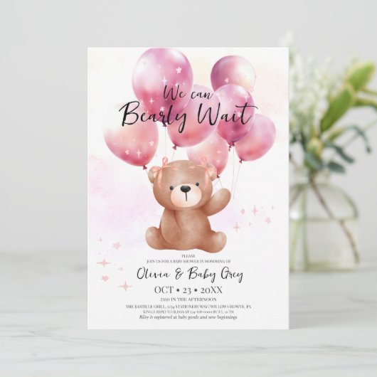 We Can Bearly Wait Meisje Teddybeer Babyshower Kaart (Staand voorkant)