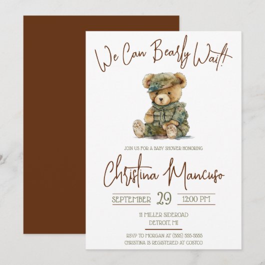 We Can Bearly Wait Military Teddy Bear Baby Shower Kaart (Voorkant / Achterkant)
