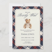 We Can Bearly Wait Navy Plaid Bear Baby Shower Kaart (Voorkant)