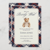 We Can Bearly Wait Navy Plaid Bear Baby Shower Kaart (Voorkant / Achterkant)